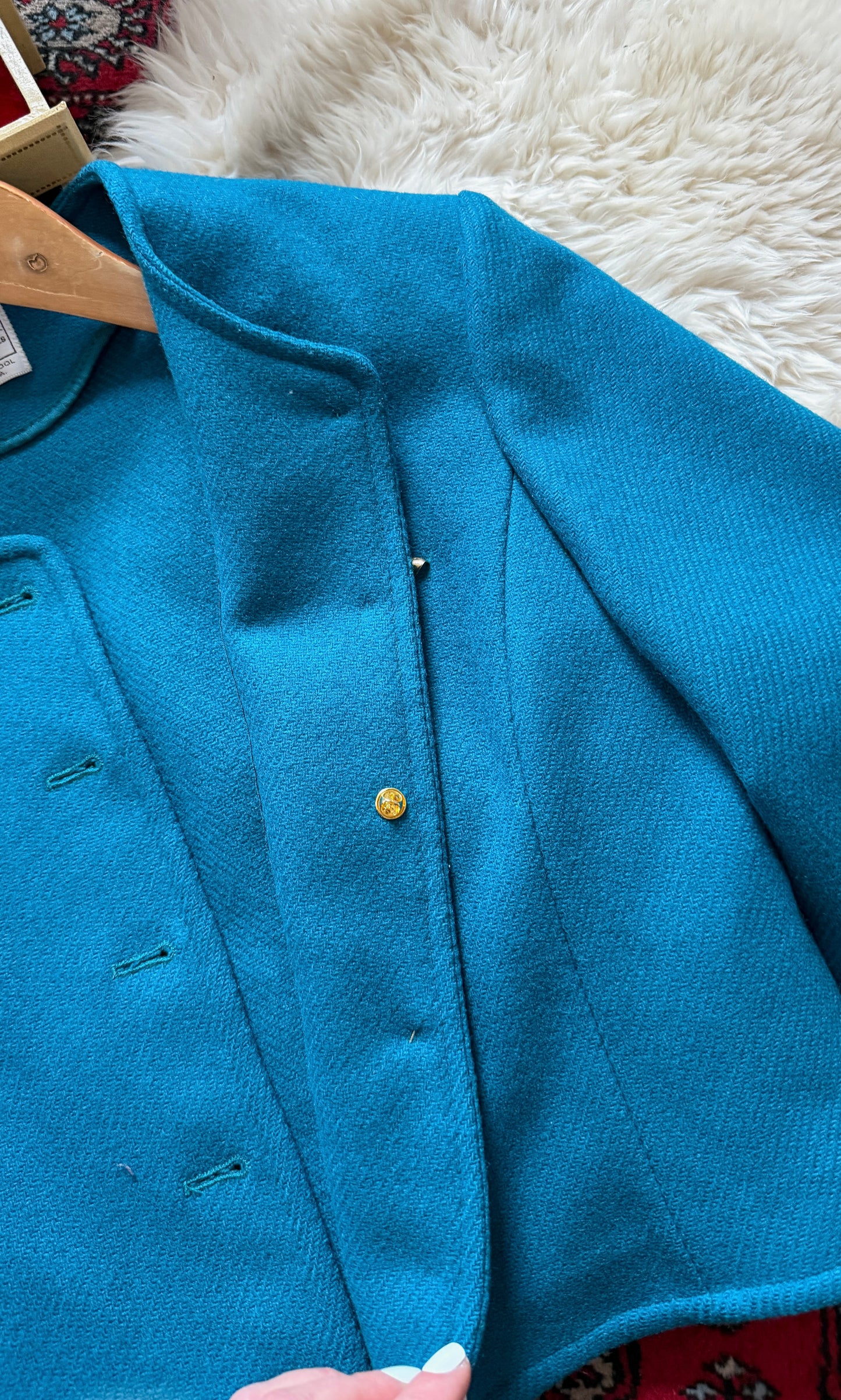 Vintage Pendleton Teal Wool Cropped Jacket Upcycled Brooches (M)