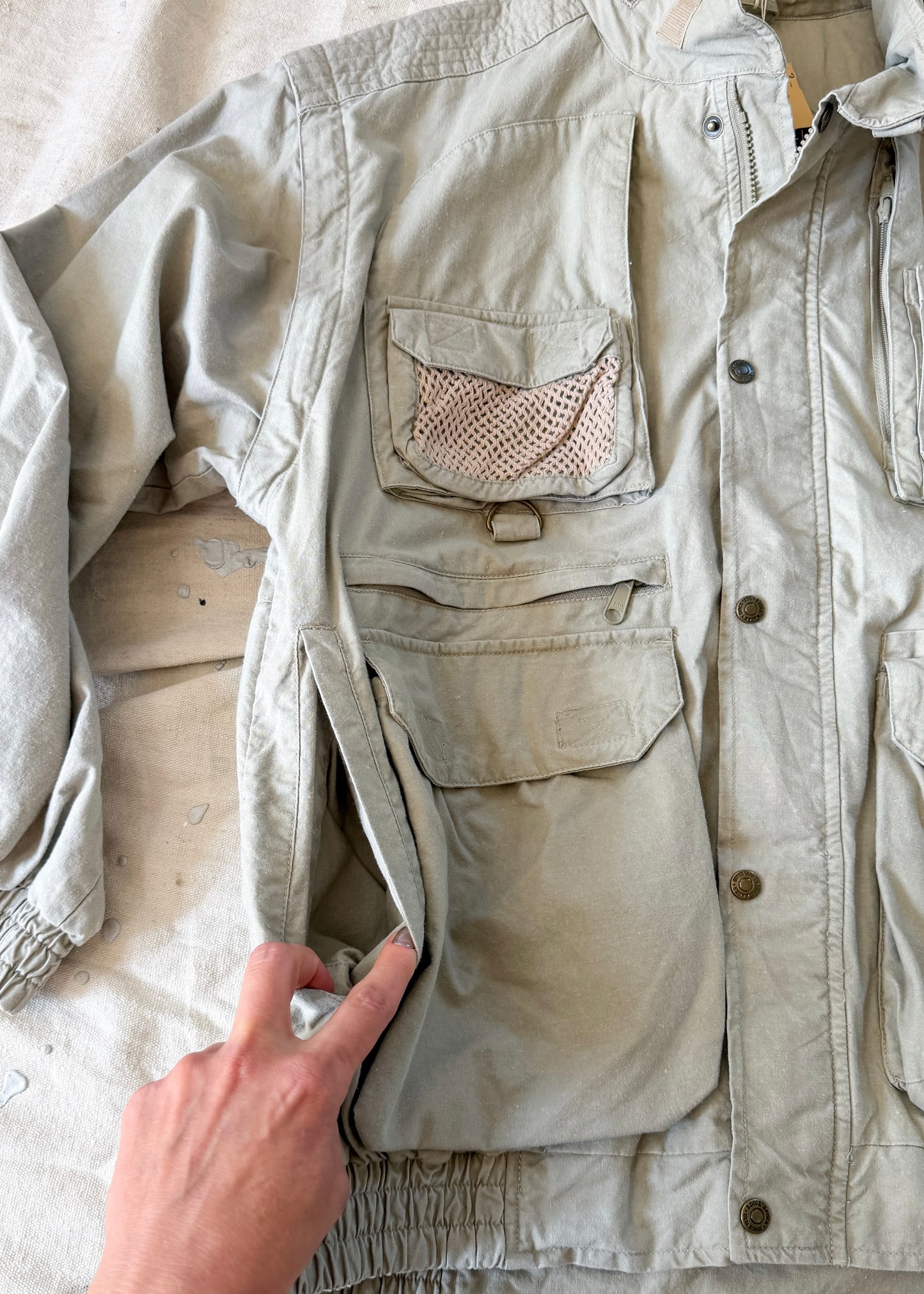 Vintage 90s NEW Eddie Bauer Fishing  Utility Pockets Vest Field Jacket in Birch Khaki