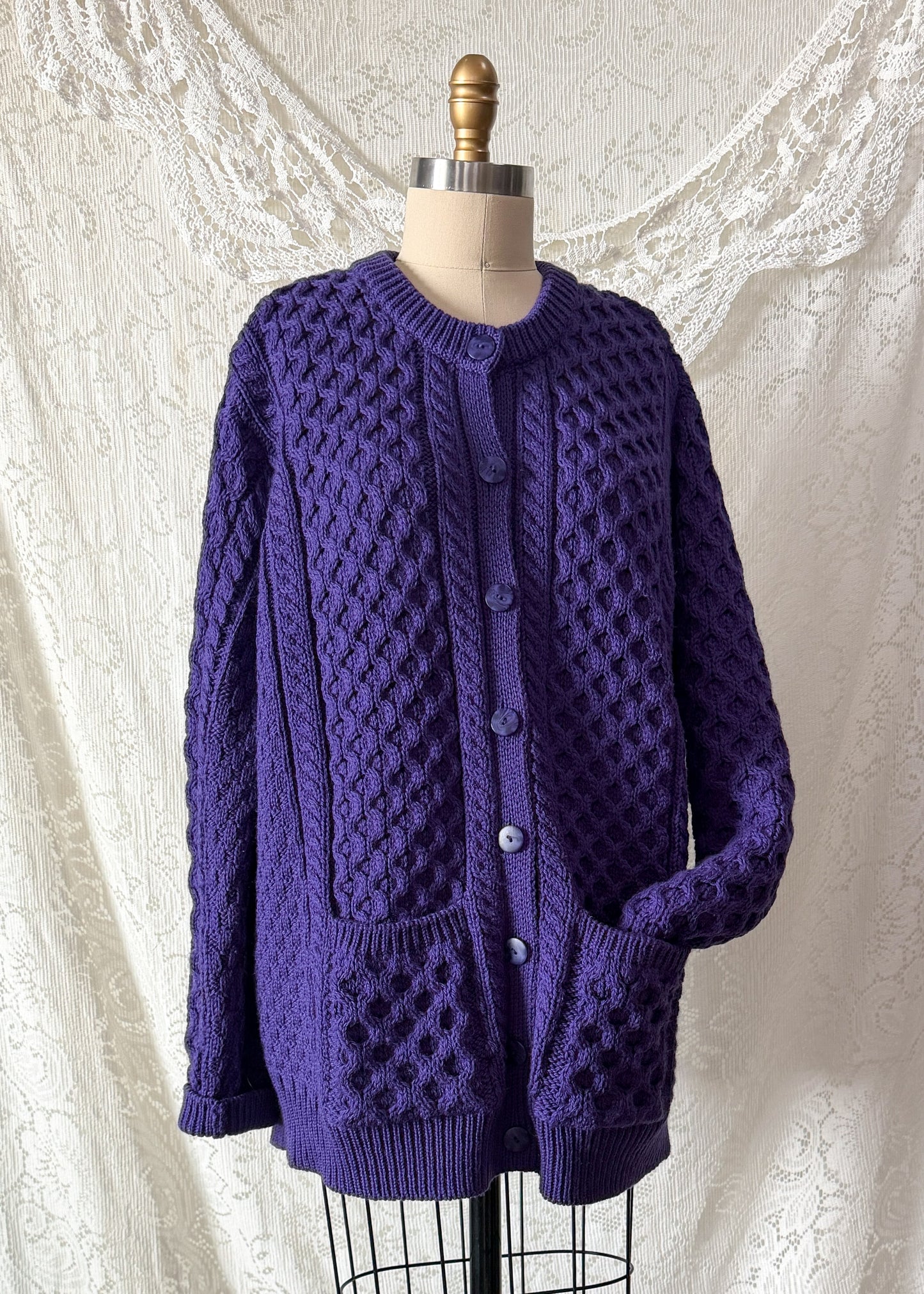 Vintage Aran Crafts Ireland Purple Merino Wool Cable Knit Cardigan (XL)