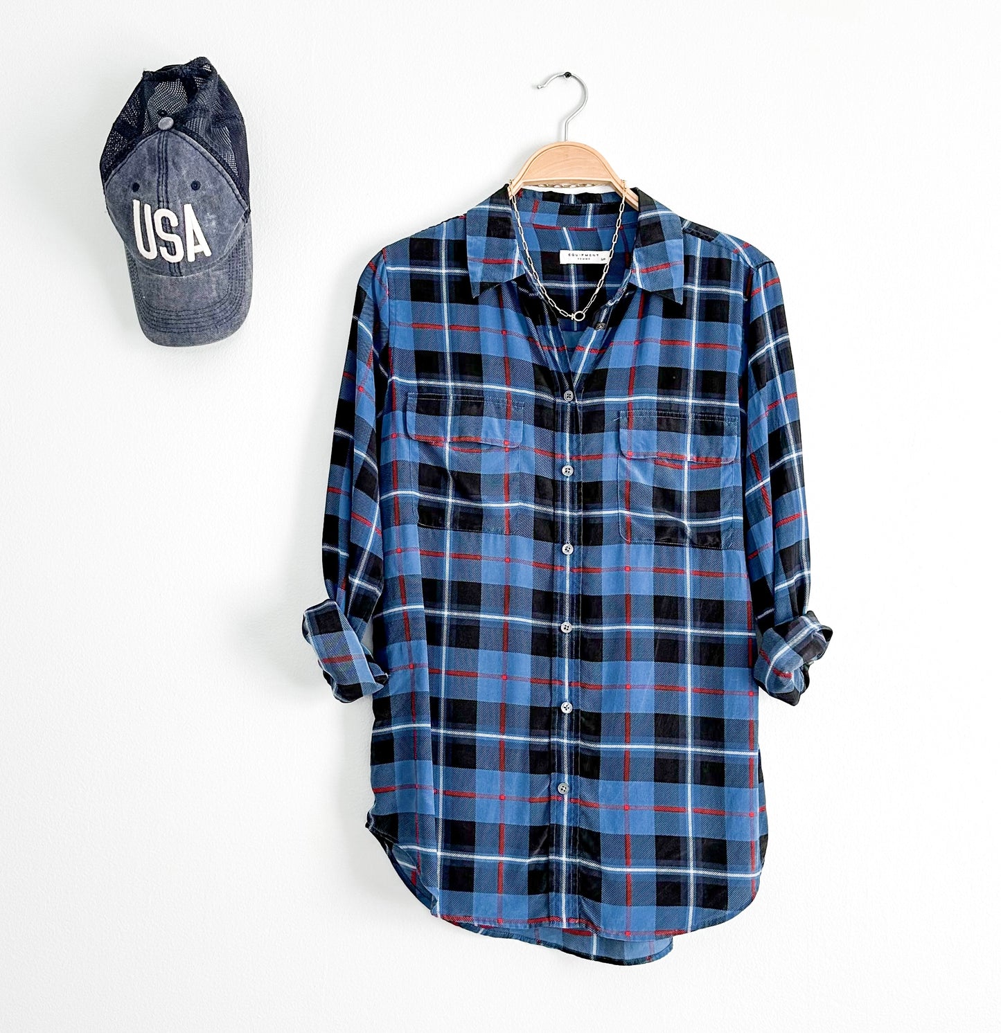 Equipment Standard Silk Blue Plaid Top (S)