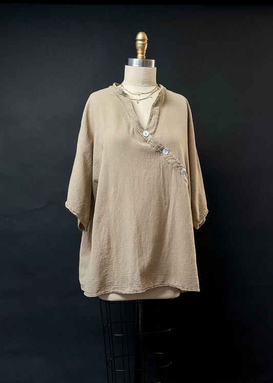 Oh My Gauze! Mocha Brown Asymmetric Button Top (1X/2X)