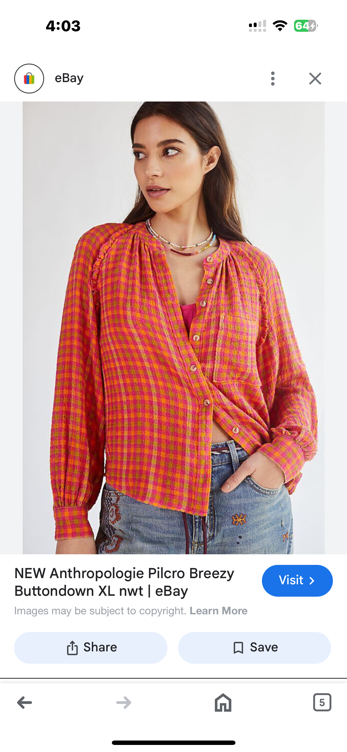 Anthropologie Pilcro Breezy Blouse in Pink Orange Green Gingham (S)