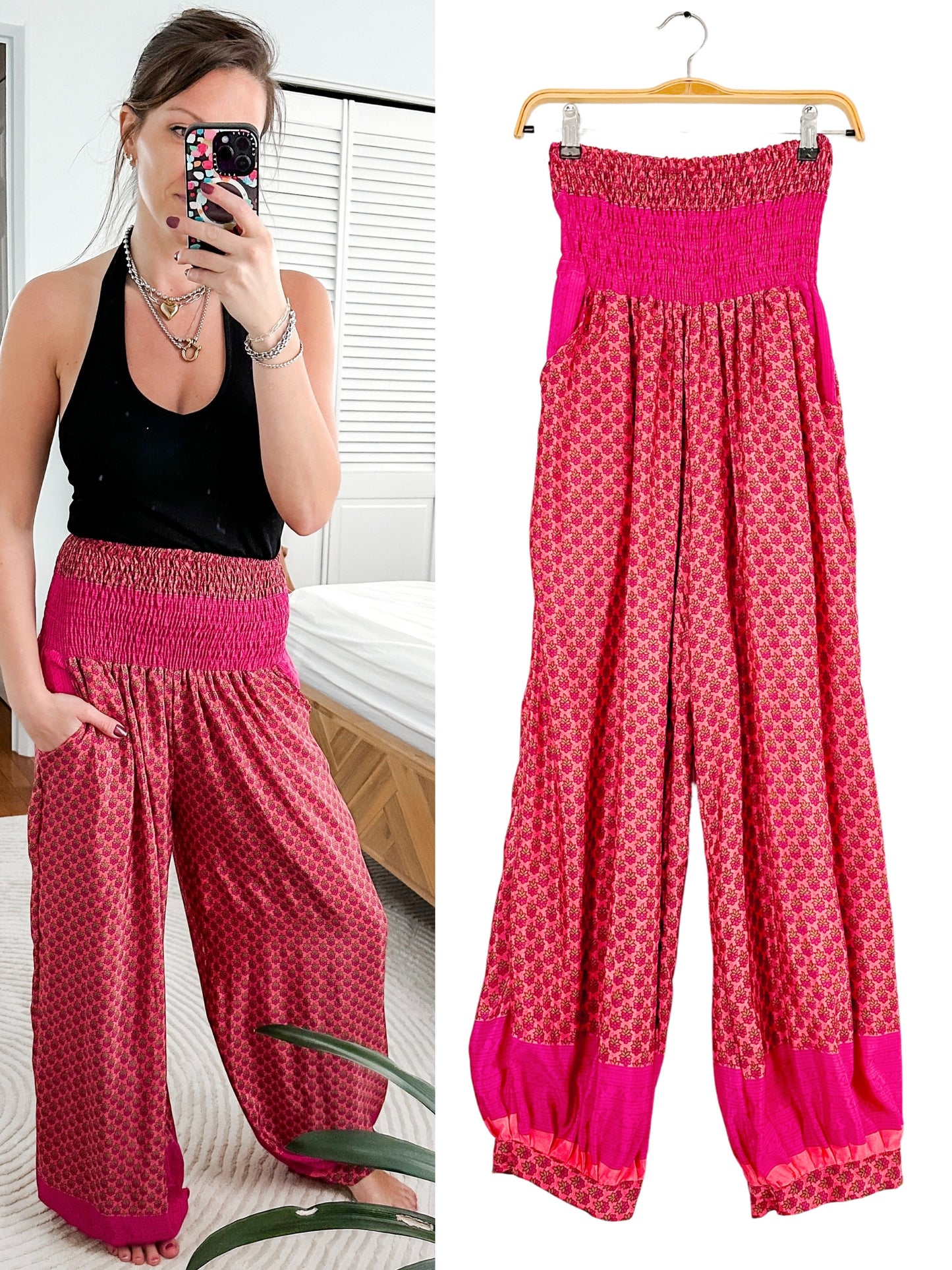 Handmade Pink & Peach Print Silky Pantaloon Lounge Pants (S/M/L)