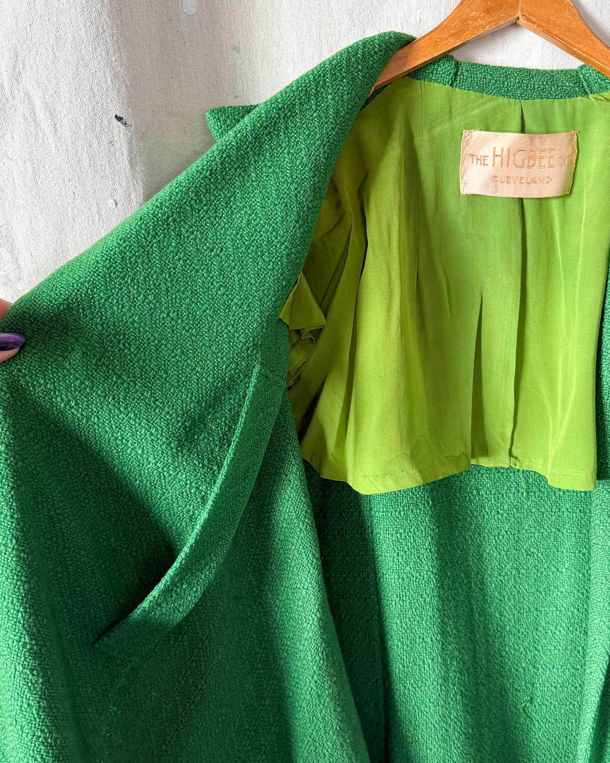 Vintage 60s Higbee's Cleveland Kelly Green Bouclé Cape Coat