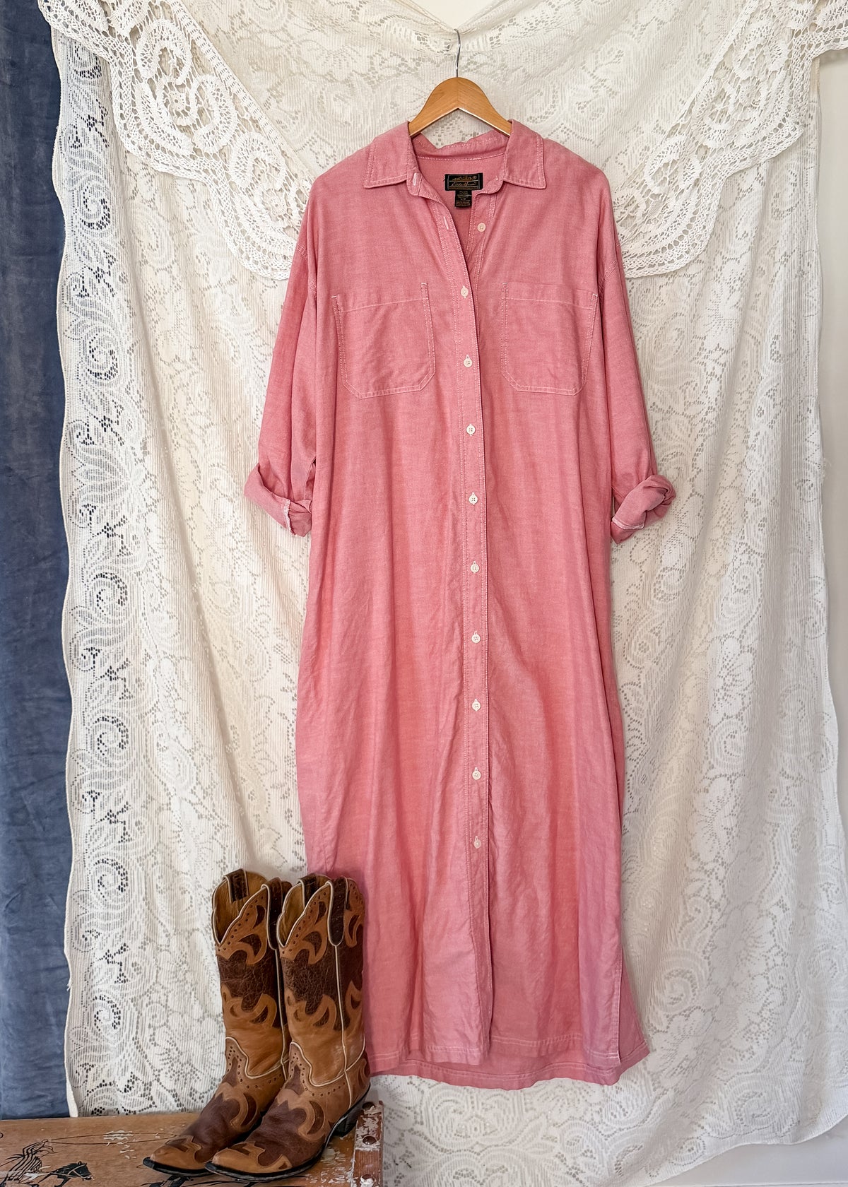 Vintage 90s Eddie Bauer Red Chambray Maxi Shirt Dress (L)