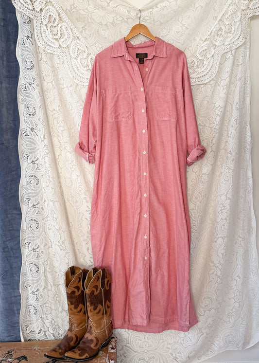 Vintage 90s Eddie Bauer Red Chambray Maxi Shirt Dress (L)