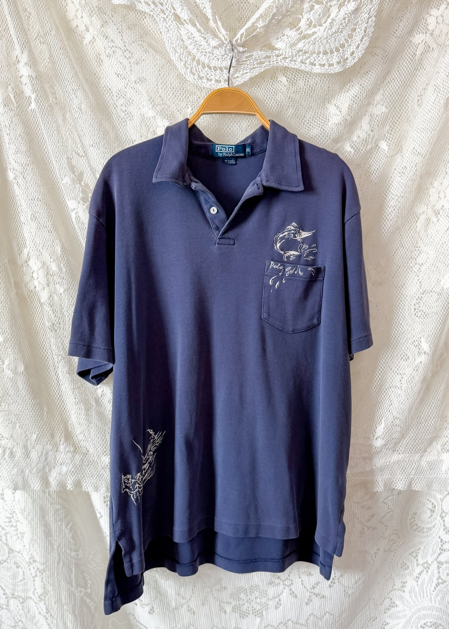 Vintage Polo Ralph Lauren Sailfish Swordfish Navy Embroidered Collared Shirt (mens XL)