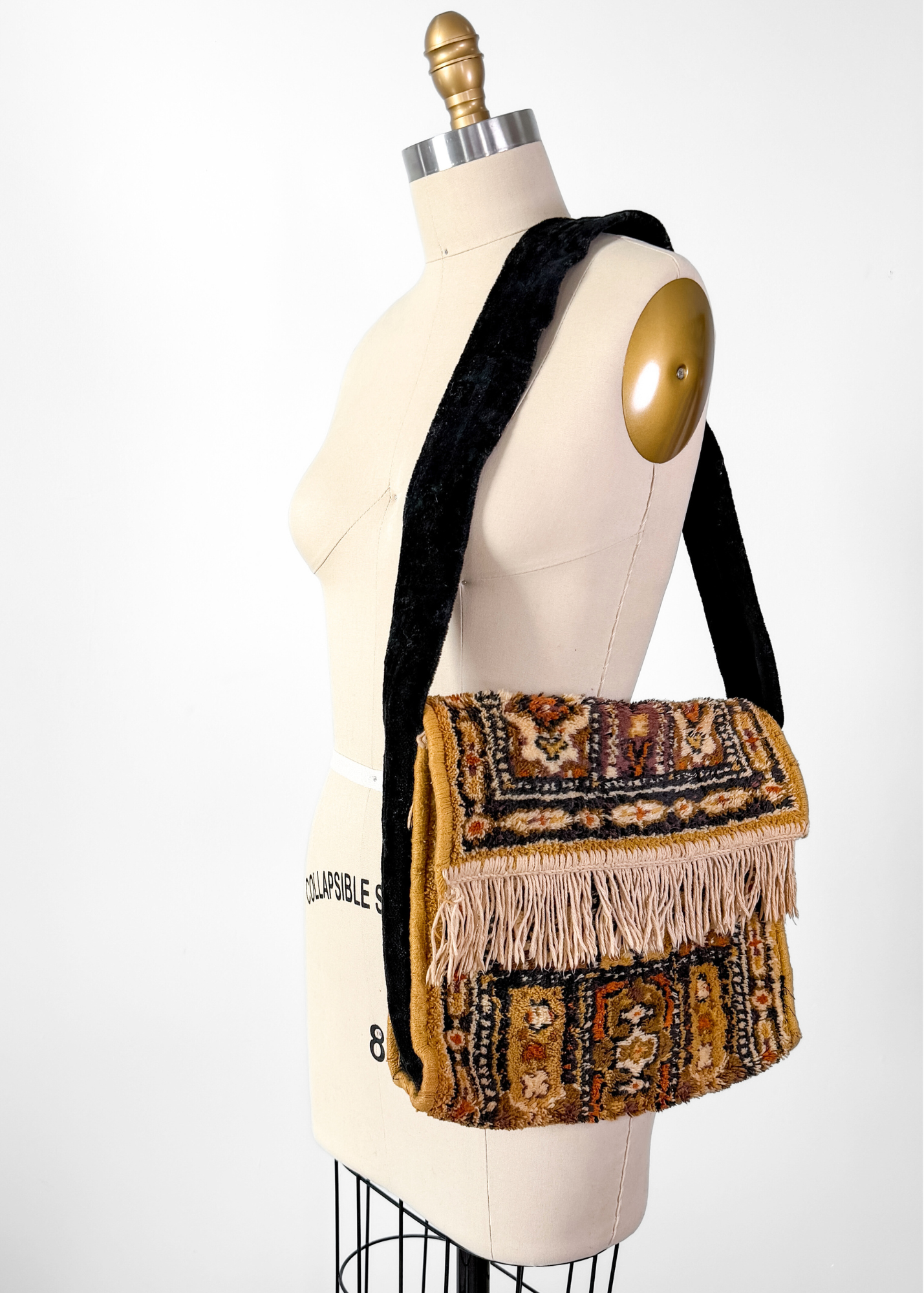 Vintage 70s Golden Yellow Brown Tapestry Fringe Trim Shoulder Purse