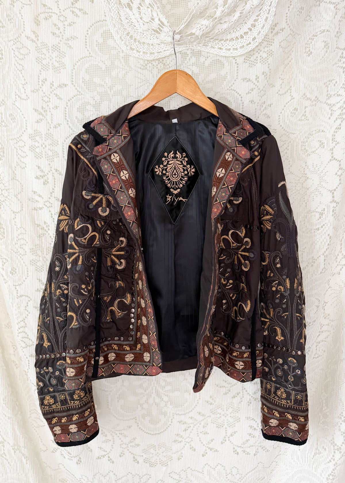 BIYA by Johnny Was Olive Brown Embroidered Studded Boho Moto Jacket