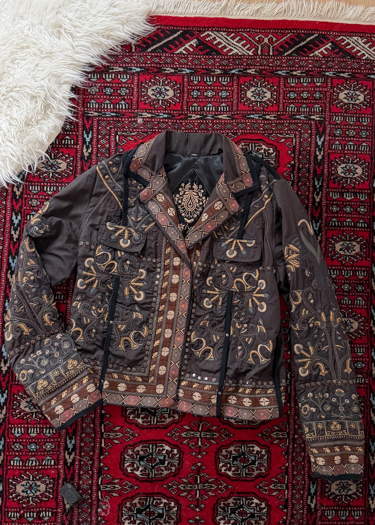 BIYA by Johnny Was Olive Brown Embroidered Studded Boho Moto Jacket