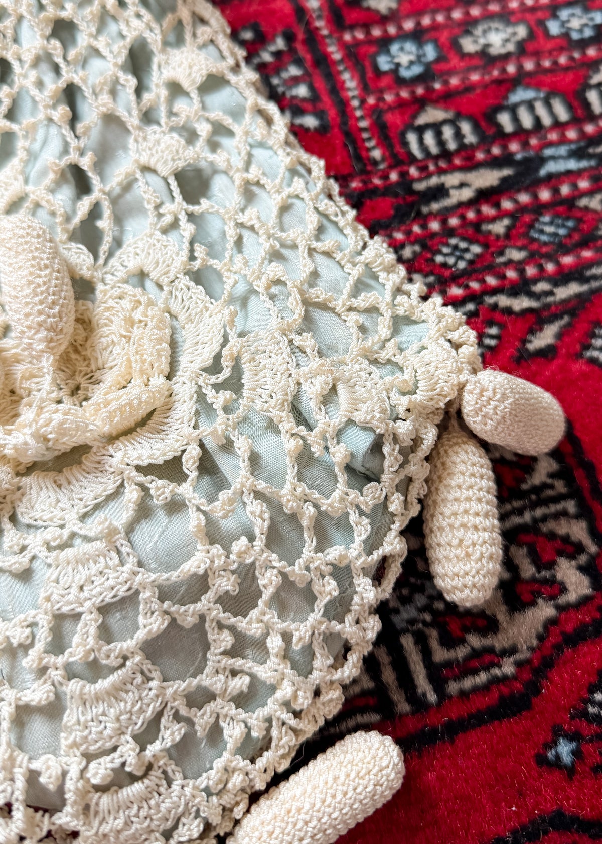 Antique Edwardian Irish Crochet Reticule Purse Sea Foam Green Lined c. 1900–1915