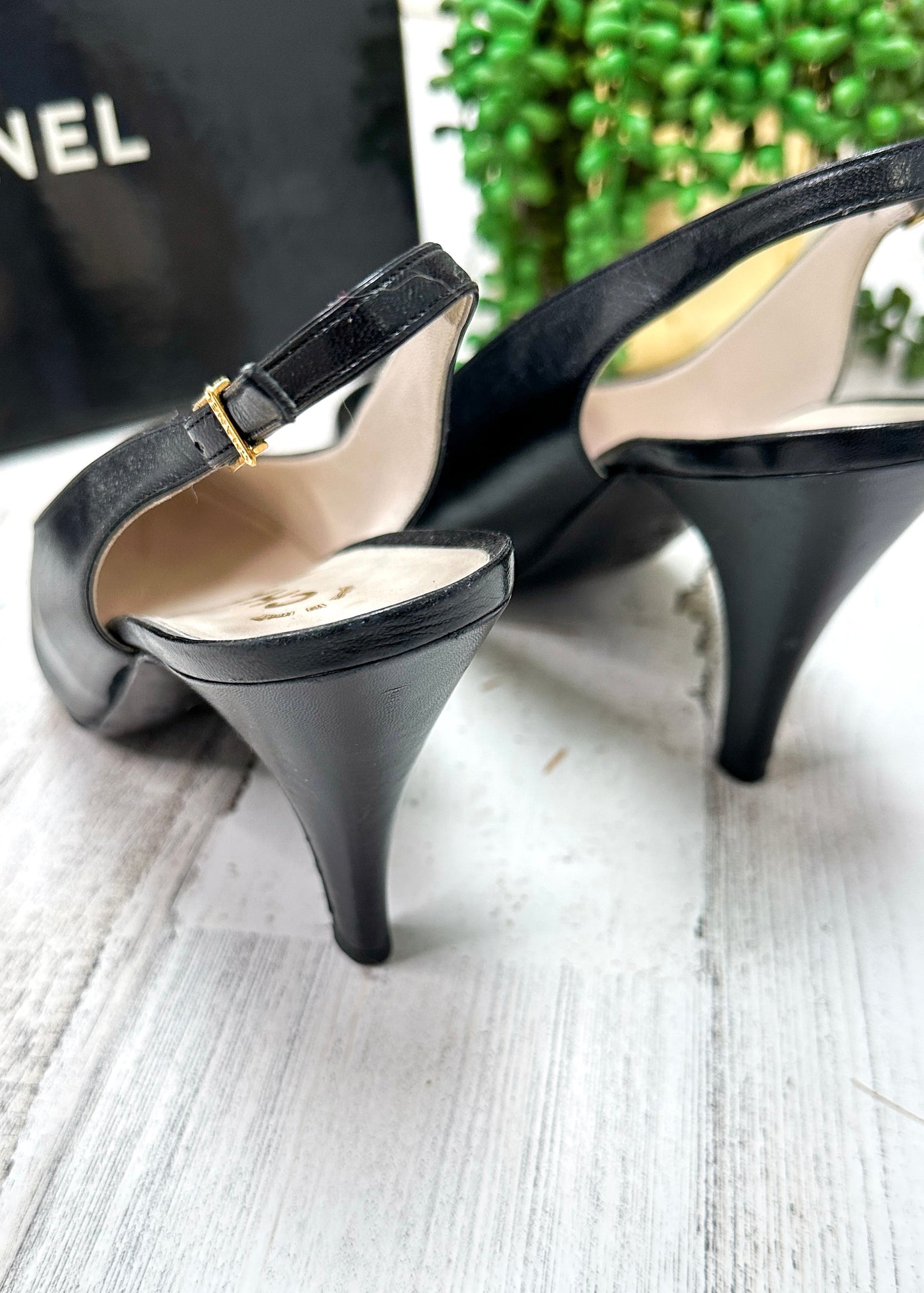 Vintage Chanel Black Leather Cap Toe Slingback Heels (38)