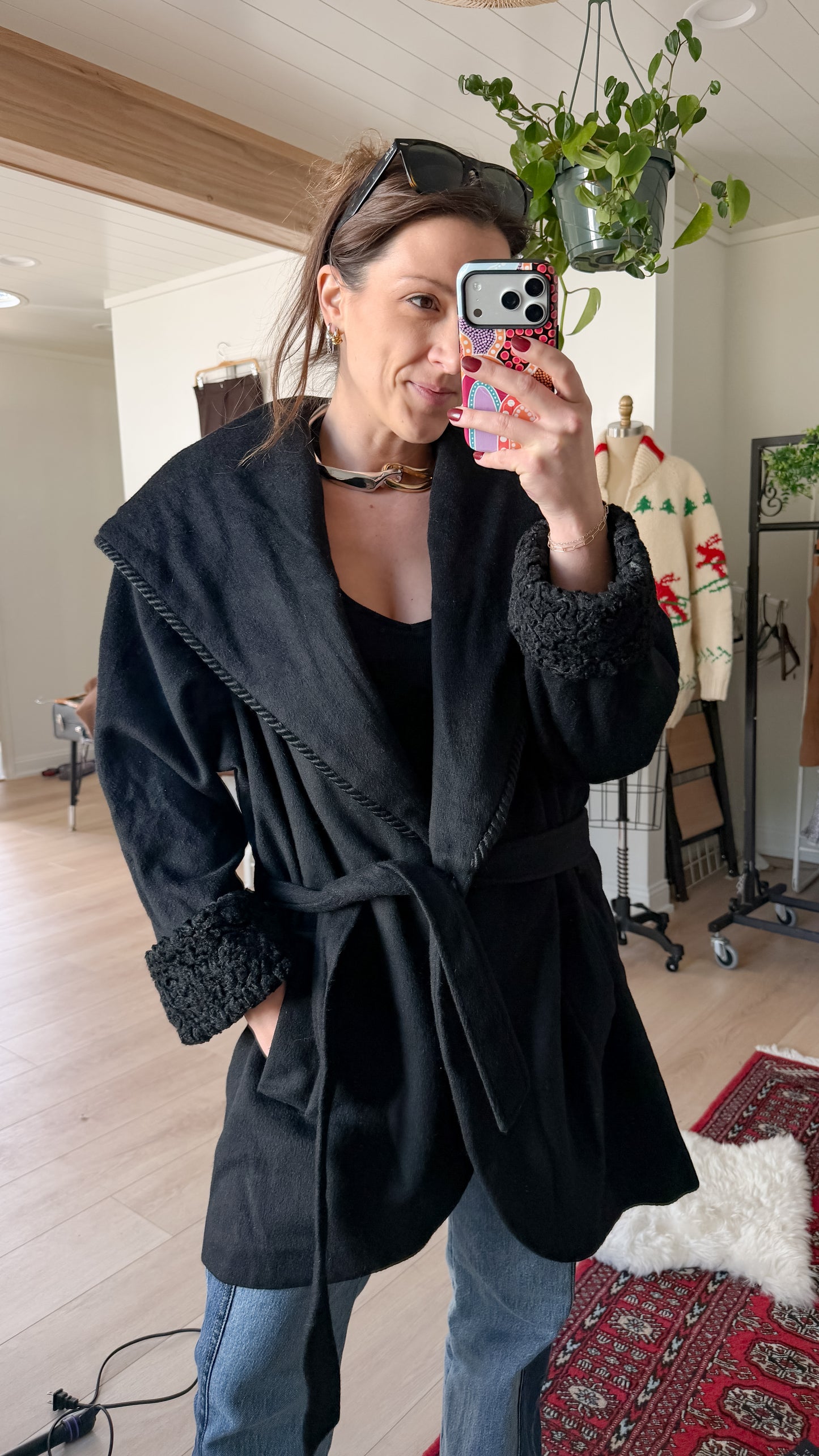 Vintage 80s Lorovi Black Wool Cloak Tie Front Coat (S/M)