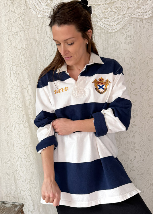 Vintage 90s 00s Polo Ralph Lauren Navy White Striped Crest Rugby Shirt (XL)