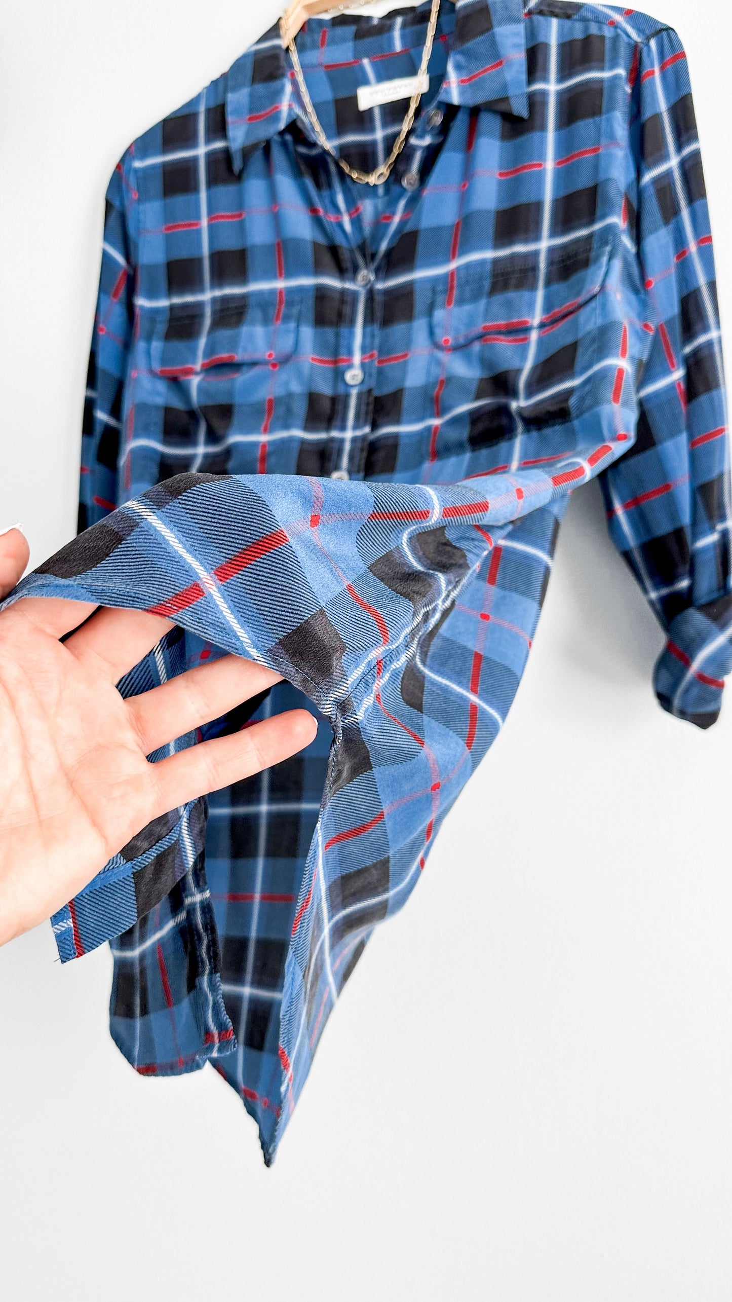 Equipment Standard Silk Blue Plaid Top (S)