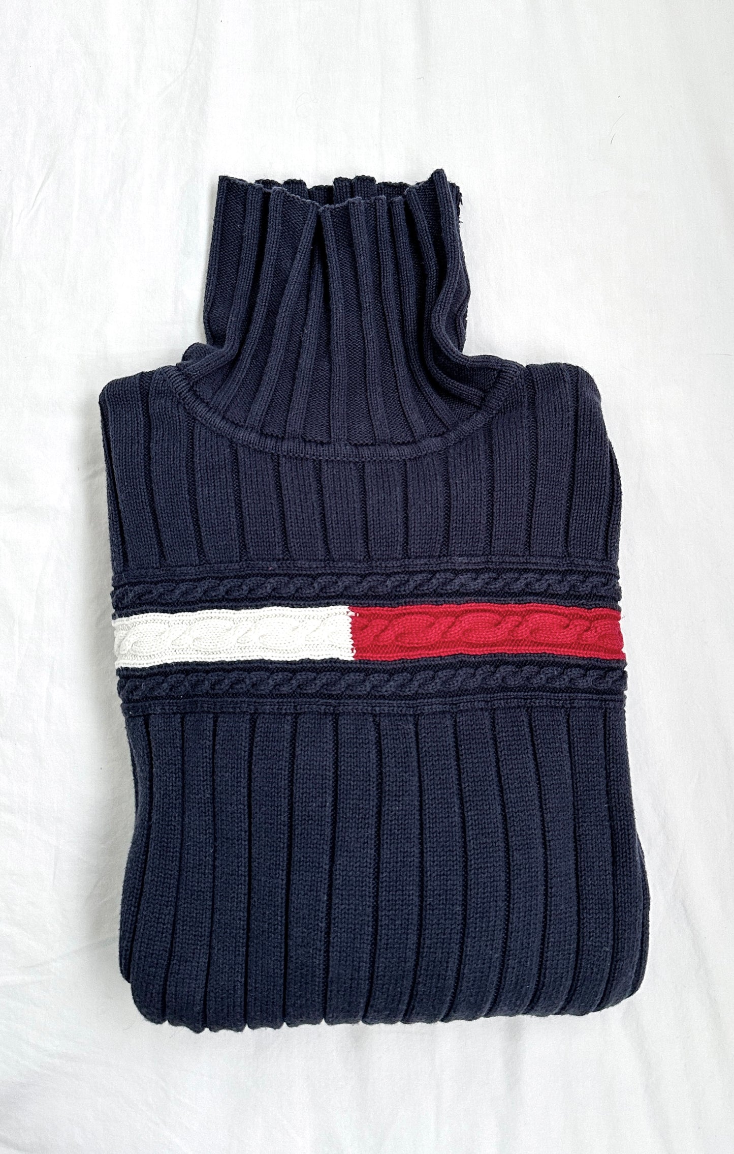 Vintage 2004 Tommy Hilfiger Womens Navy Cable Knit Flag Turtleneck Sweater