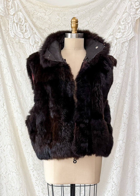 Vintage Andrew Marc Dark Brown New Zealand Opossum Fur & Leather Moto Style Vest