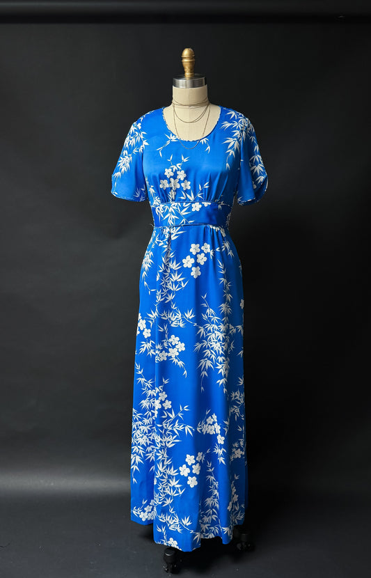 Vintage 70s Liberty House Hawaii Blue Floral Maxi Dress (M)