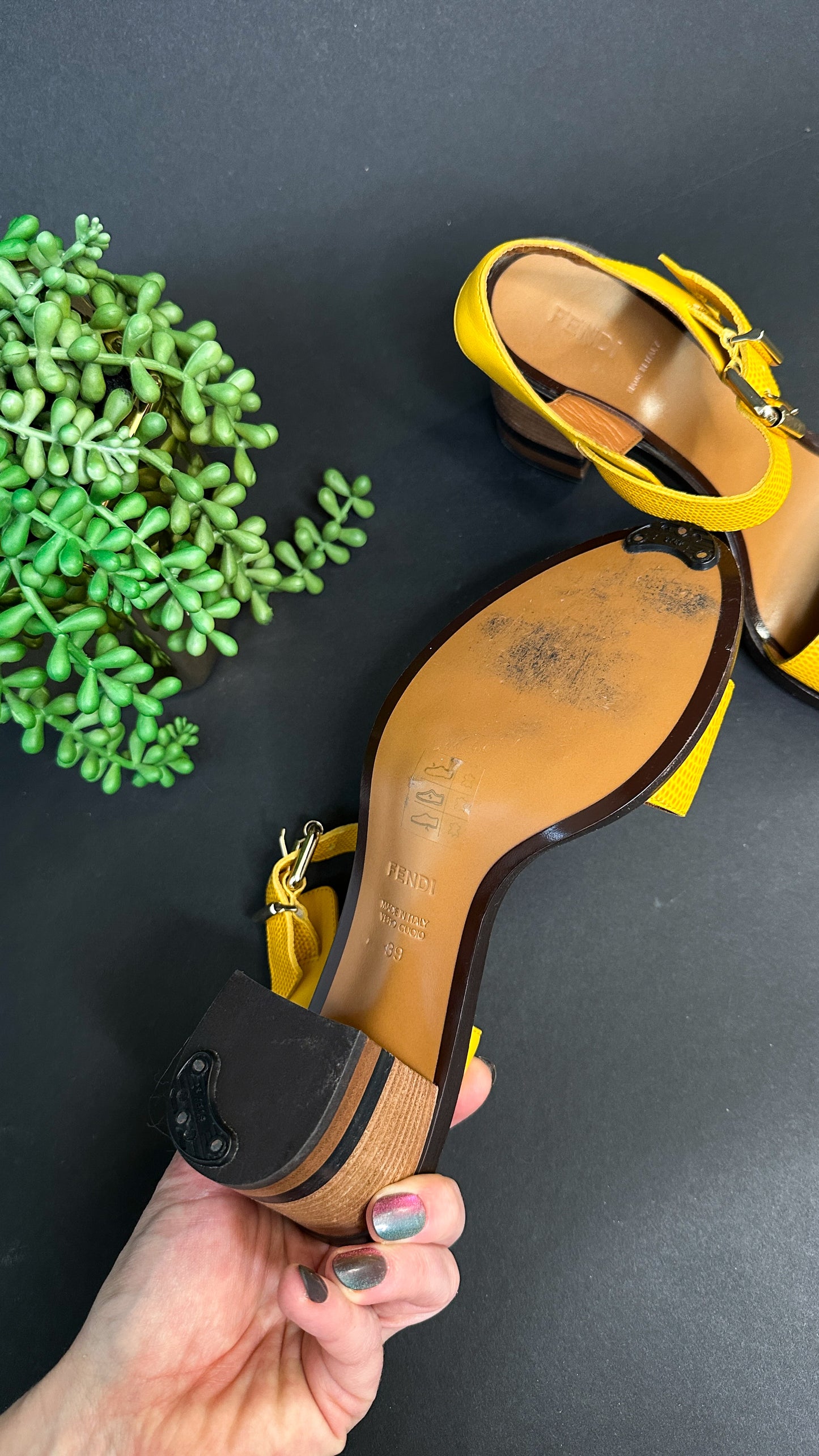 Fendi Yellow Leather Sandals Block Heels (39 or 8.5)