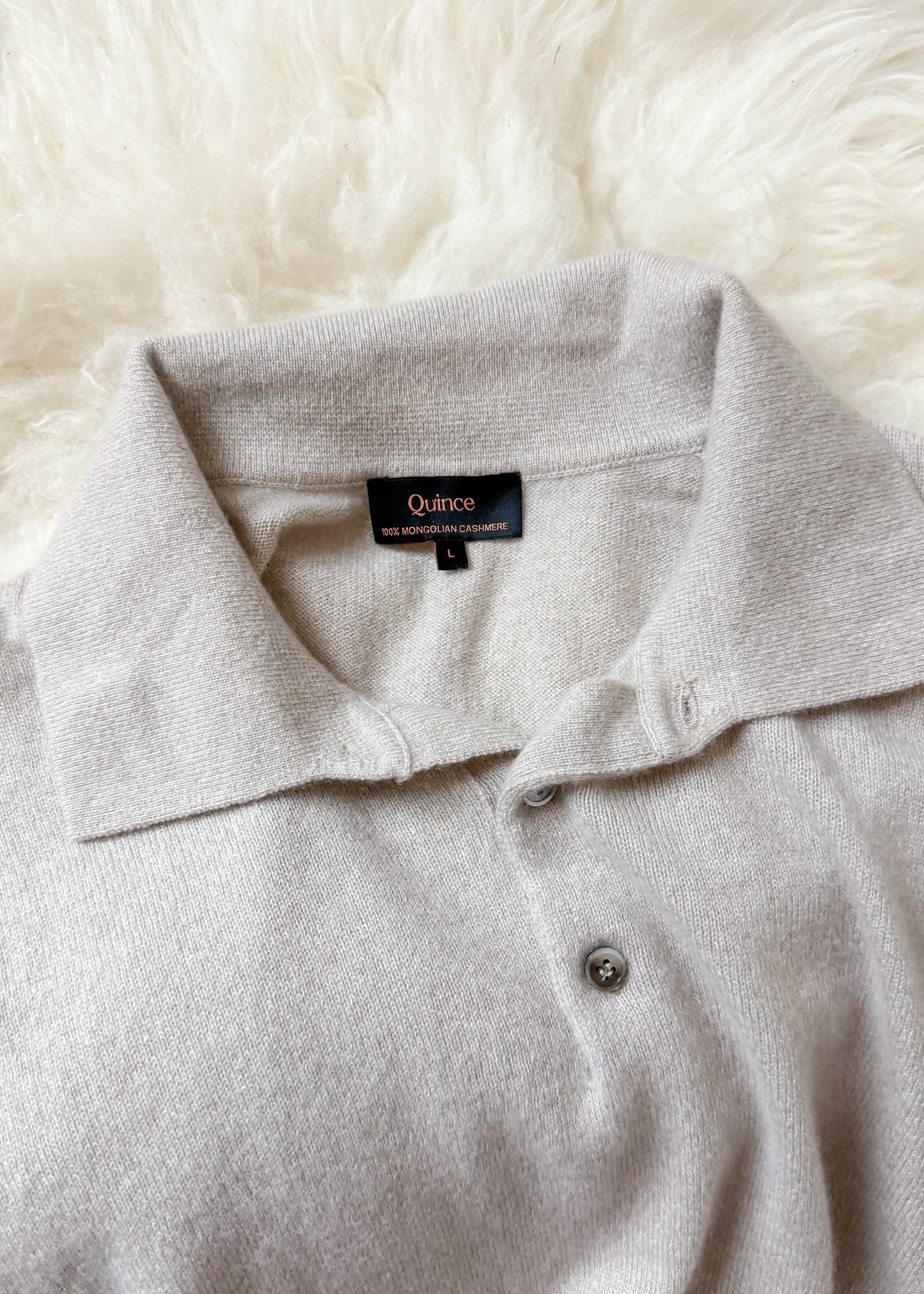 Quince Men's Mongolian Cashmere Knit Polo Sweater Top in Heathered Cloud Beige