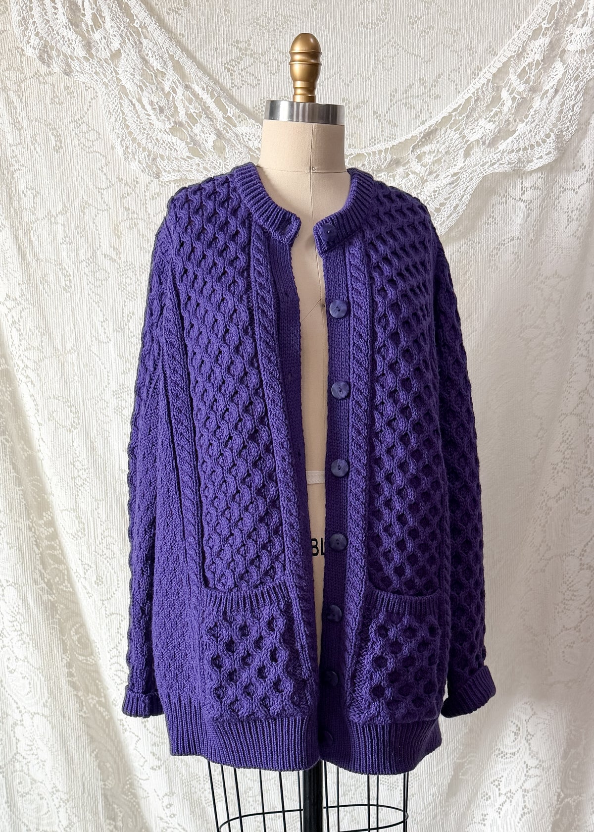 Vintage Aran Crafts Ireland Purple Merino Wool Cable Knit Cardigan (XL)