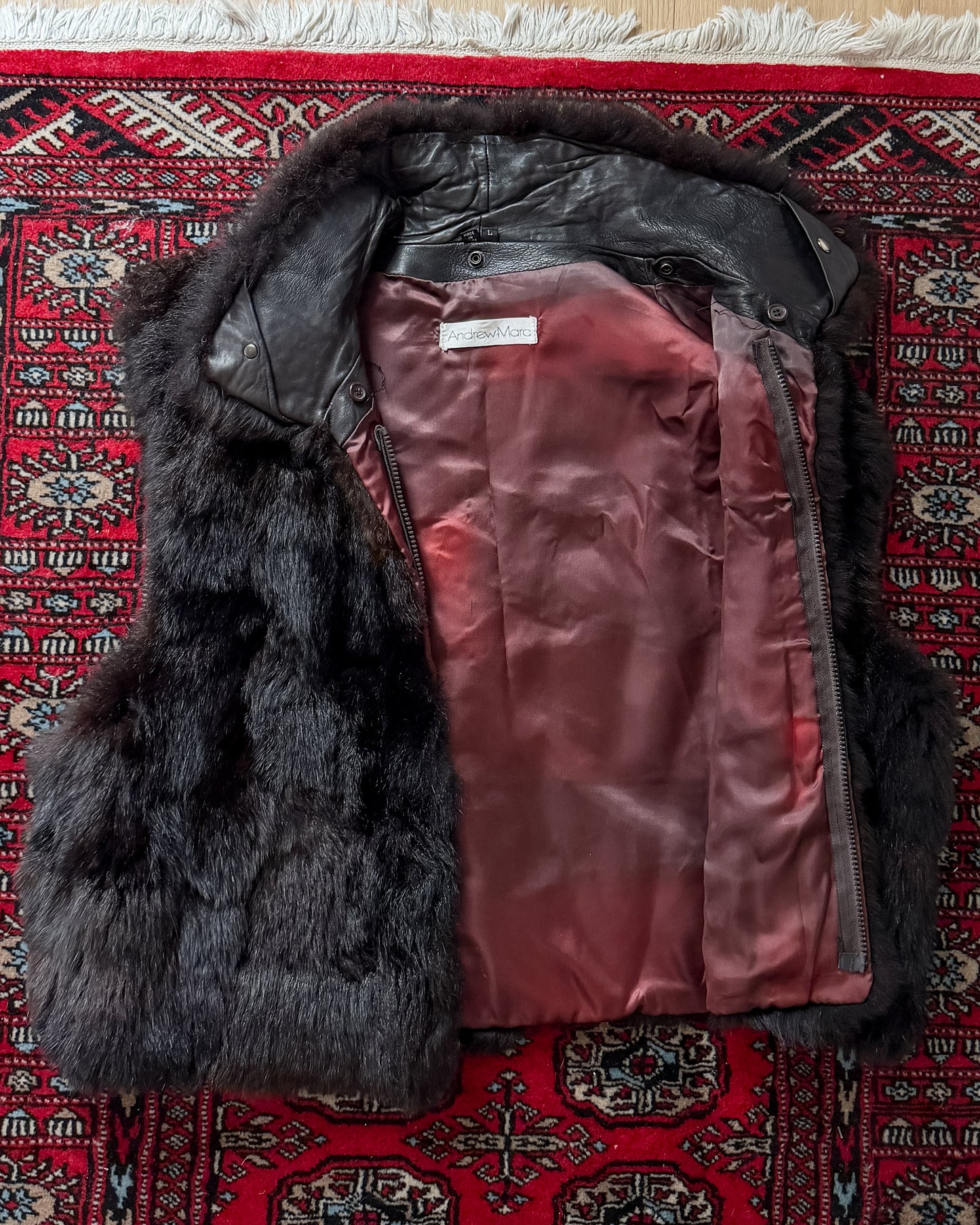Vintage Andrew Marc Dark Brown New Zealand Opossum Fur & Leather Moto Style Vest