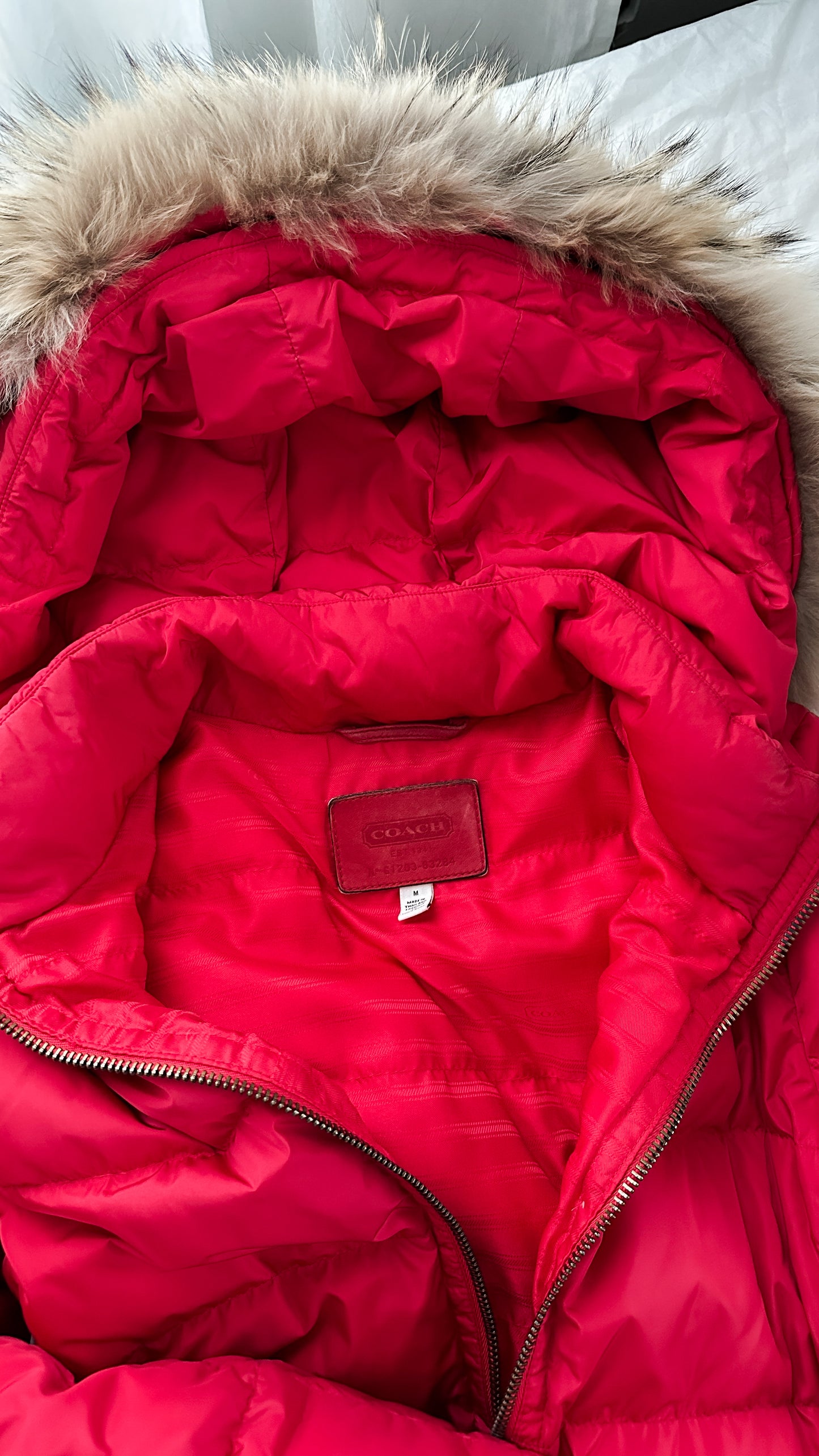 Coach Red Down Quilted Puffer Belted Winter Coat with Detachable Fur Trim (M) 83284