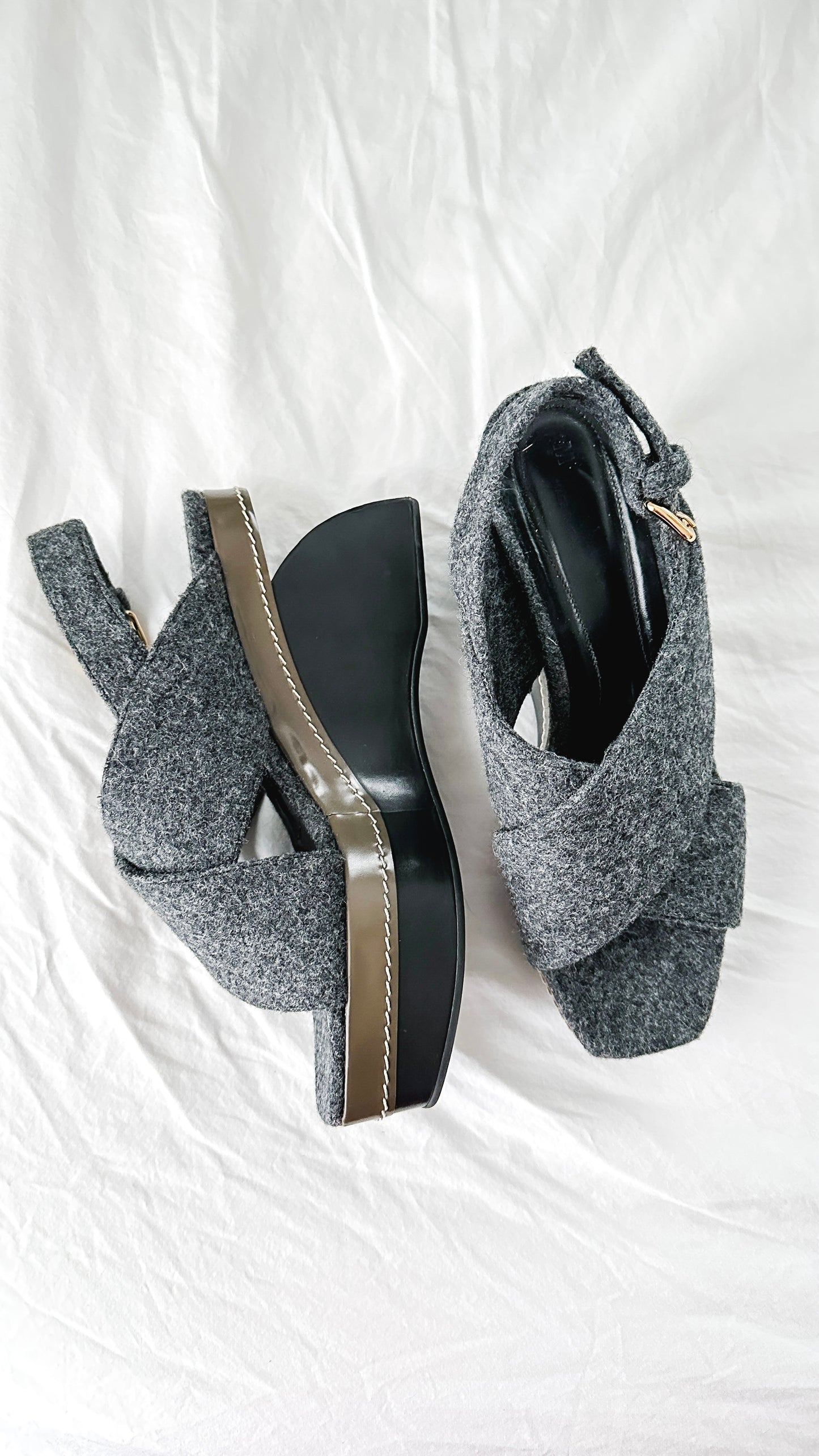 Marni Gray Wool Felt Cross Front Square Toe Sculptural Wedges (39 or 8.5)