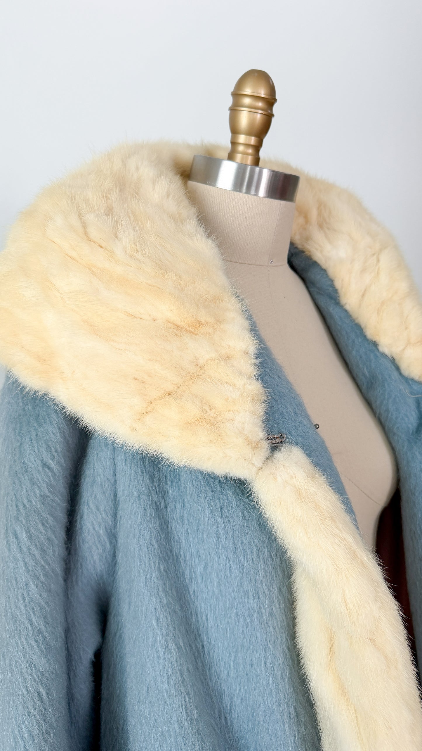 Vintage 60s Lilli Ann Powder Blue Cream Mink Collar Swing Coat