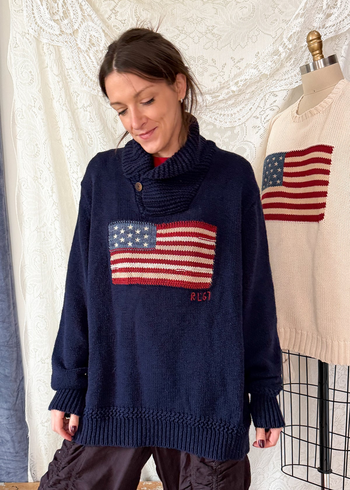 Polo Ralph Lauren RL67 American Flag Linen Cotton Shawl Collar Sweater Navy