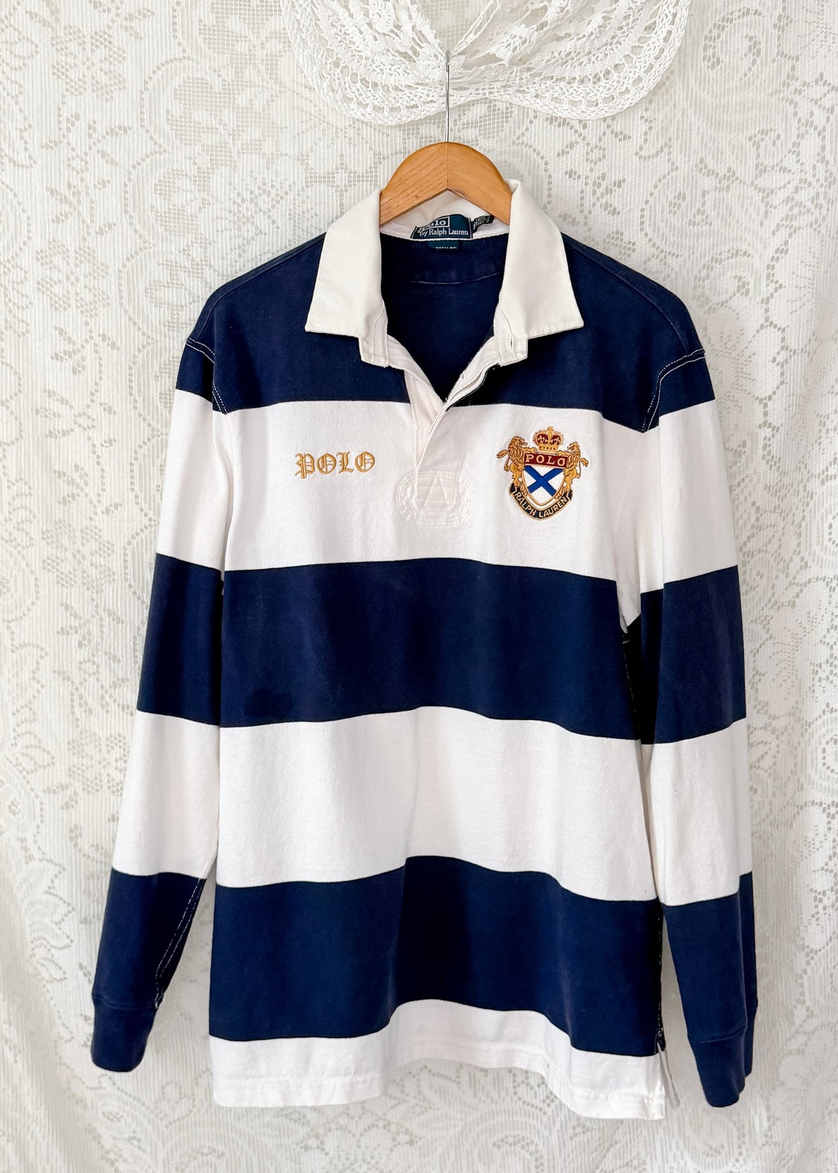 Vintage 90s 00s Polo Ralph Lauren Navy White Striped Crest Rugby Shirt (XL)