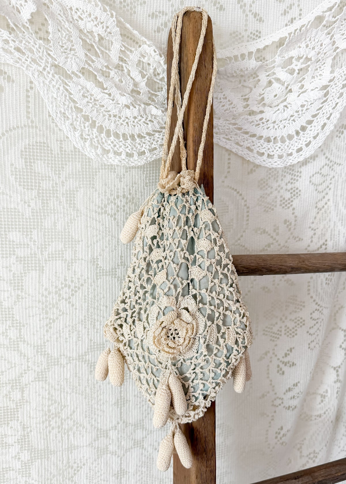 Antique Edwardian Irish Crochet Reticule Purse Sea Foam Green Lined c. 1900–1915