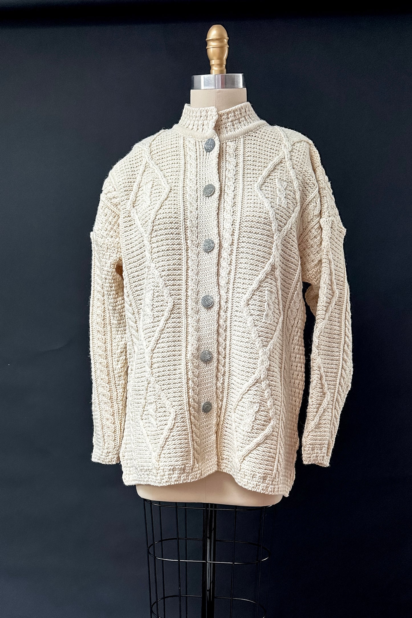 Vintage 80s Ireland Carraig Donn Aran Cream Pure New Wool Cardigan Sweater