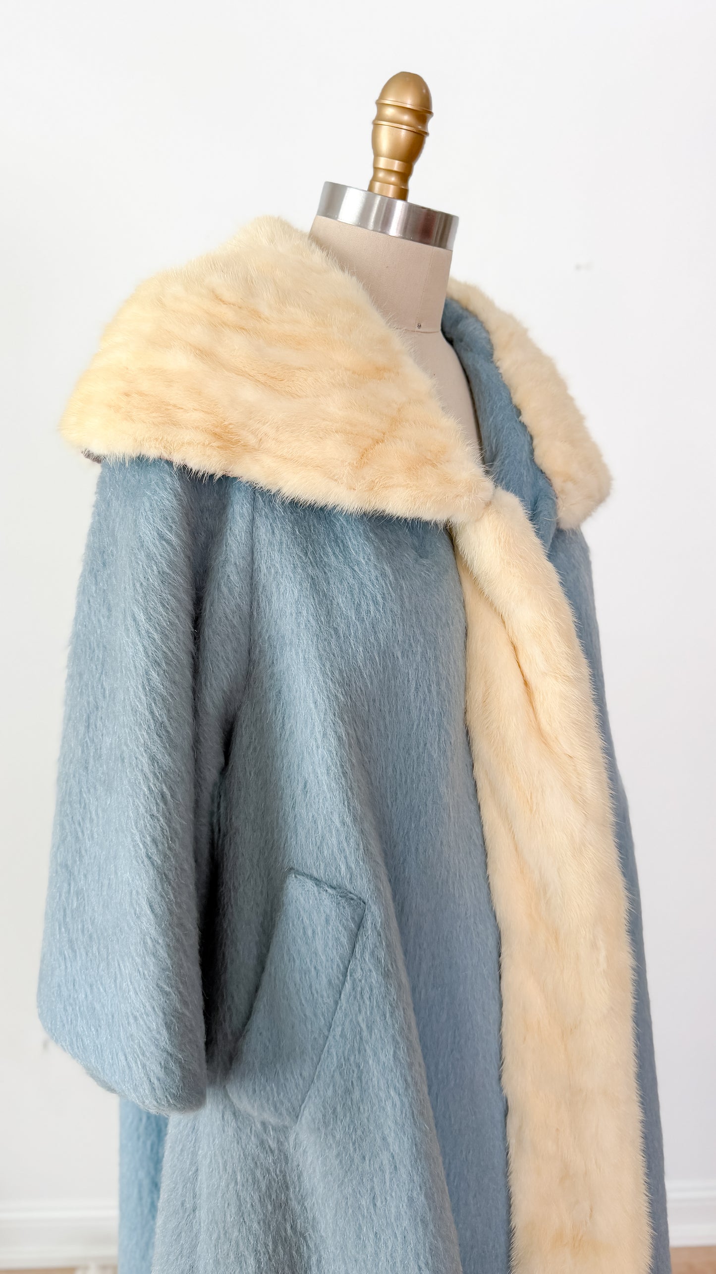 Vintage 60s Lilli Ann Powder Blue Cream Mink Collar Swing Coat