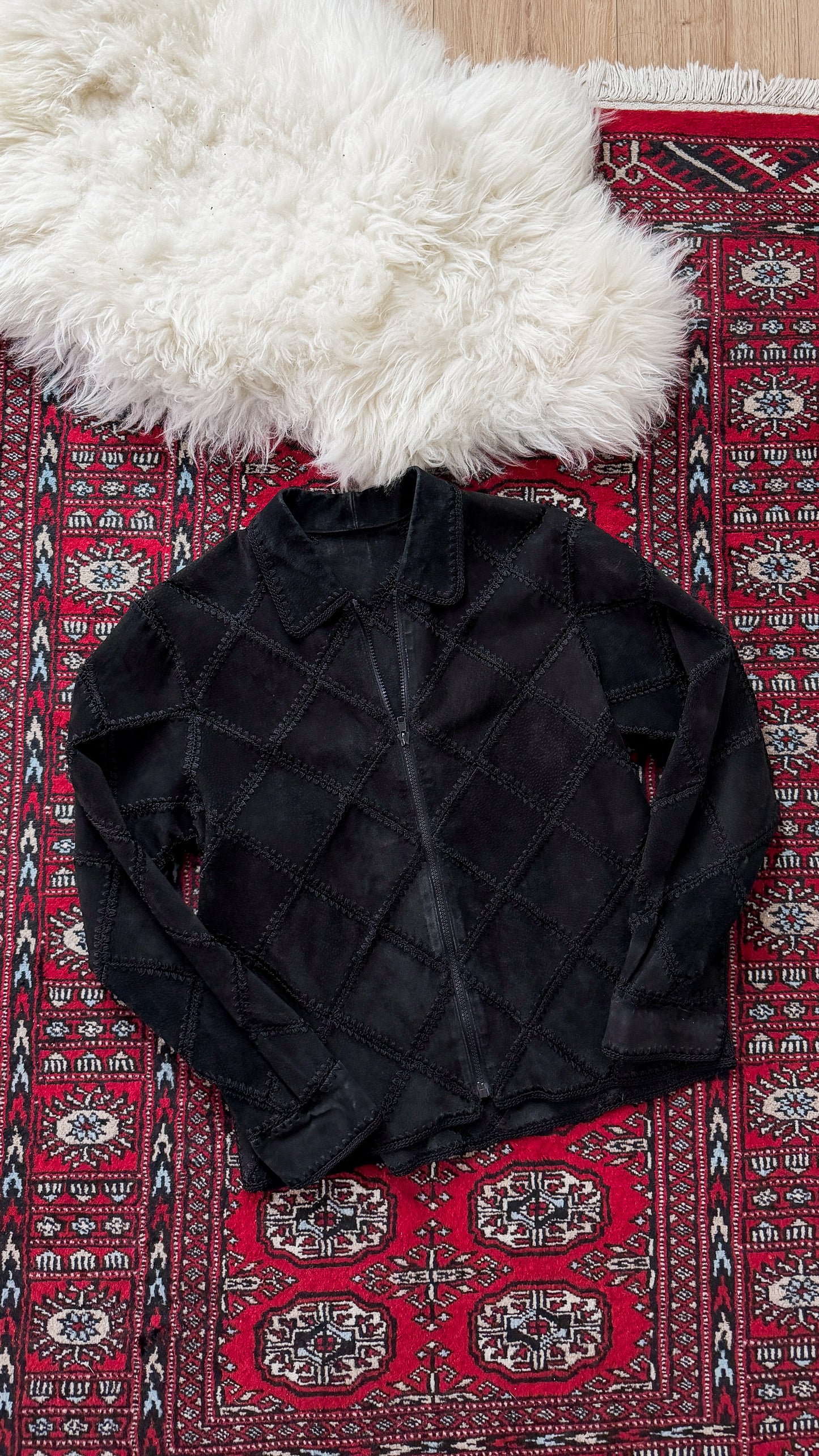 Vintage Black Suede Leather & Crochet Patchwork Zip Jacket (S/M)