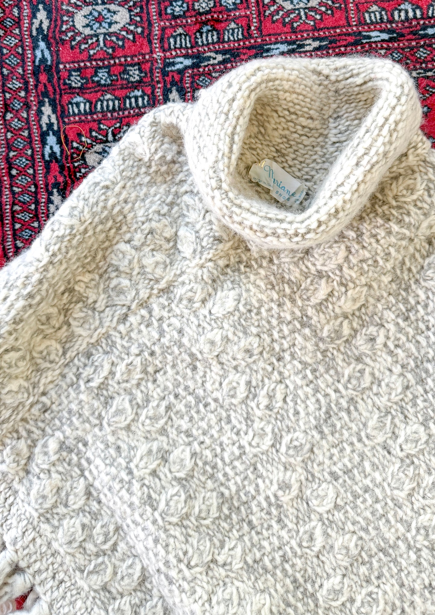 Vintage 60s Gray Ivory Heavy Wool Poncho Cape Sweater