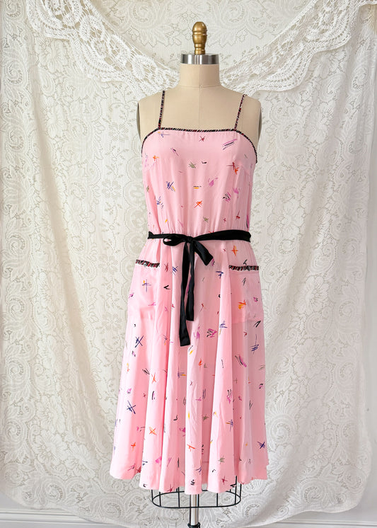 Vintage 1980s Jack Mulqueen Pink Silk Abstract Print Dress (6)
