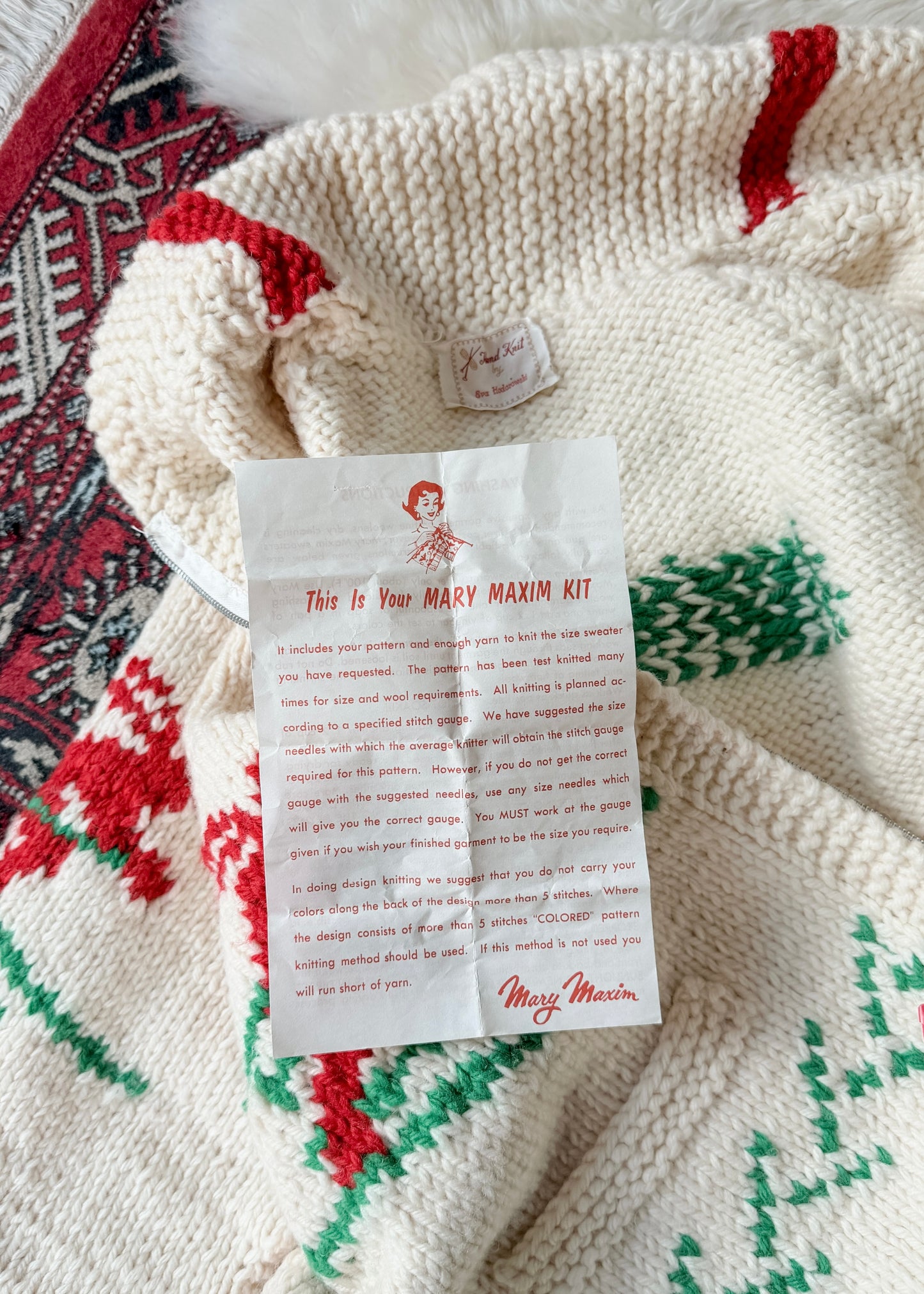 Vintage 60s Hand Knit One Of A Kind Cowichan Cream Ski Theme Alpine Sweater