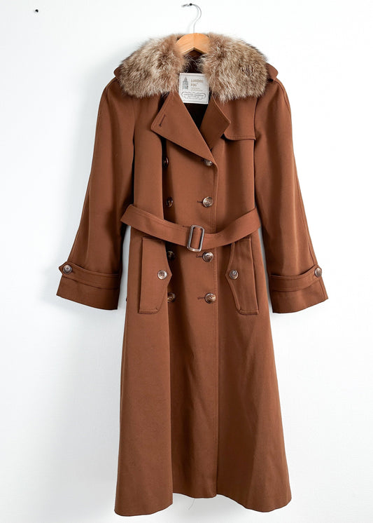 Vintage 70s London Fog Brown Long Trench with Fur Collar Winter Coat (S)