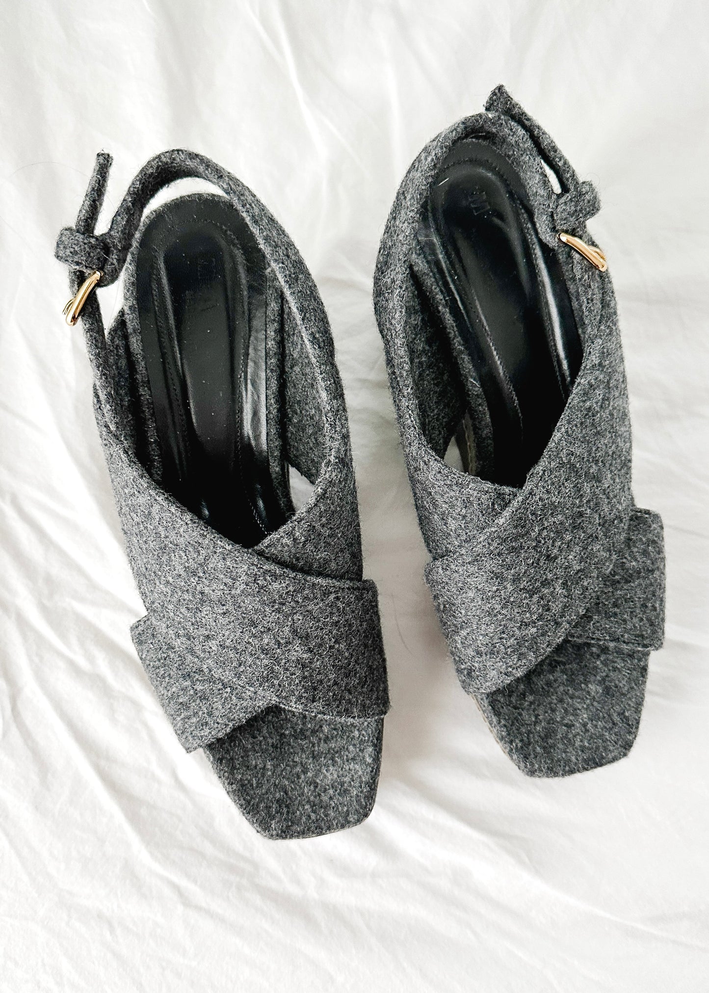 Marni Gray Wool Felt Cross Front Square Toe Sculptural Wedges (39 or 8.5)