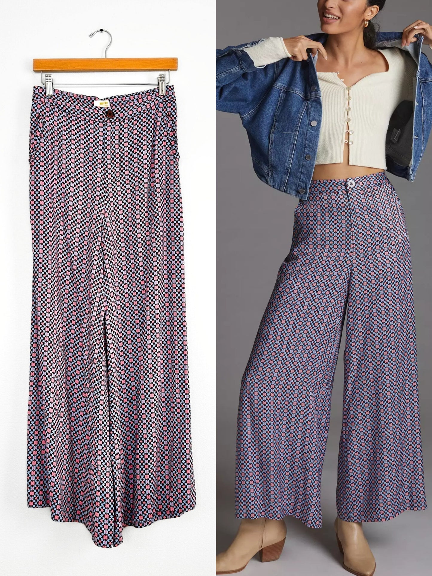 Anthropologie Maeve Blue Pink Wide Leg Geometric Pants (6)