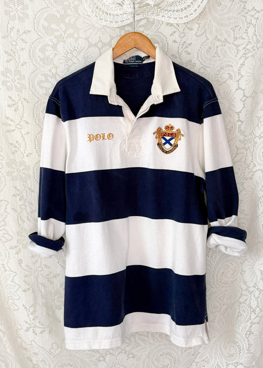 Vintage 90s 00s Polo Ralph Lauren Navy White Striped Crest Rugby Shirt (XL)