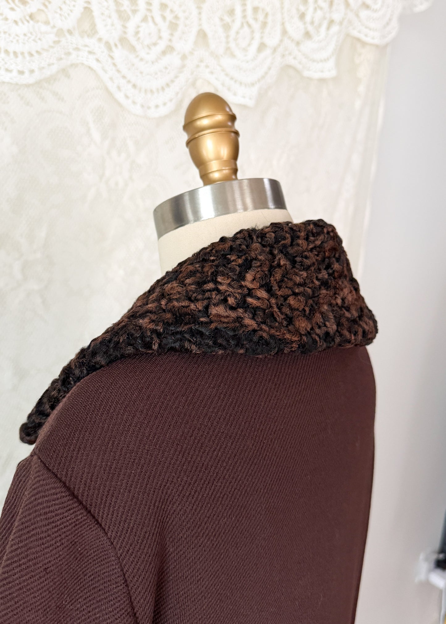 Vintage 1970s Chocolate Brown Double Breasted Coat Persian Curly Lamb Fur Trim