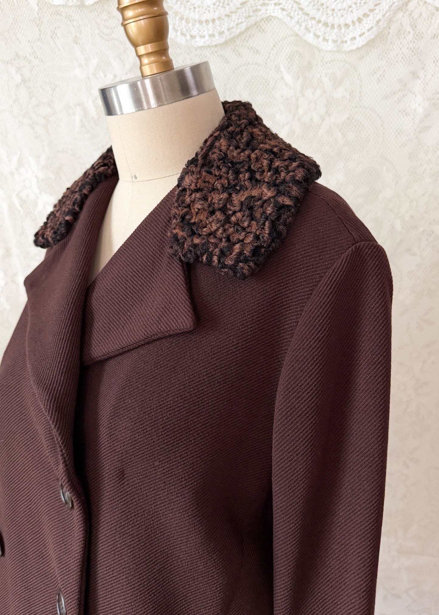 Vintage 1970s Chocolate Brown Double Breasted Coat Persian Curly Lamb Fur Trim