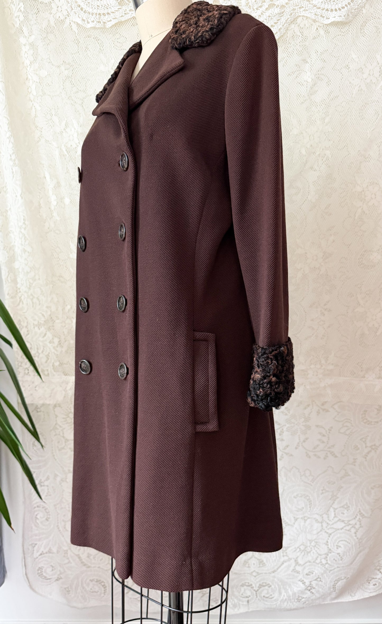Vintage 1970s Chocolate Brown Double Breasted Coat Persian Curly Lamb Fur Trim