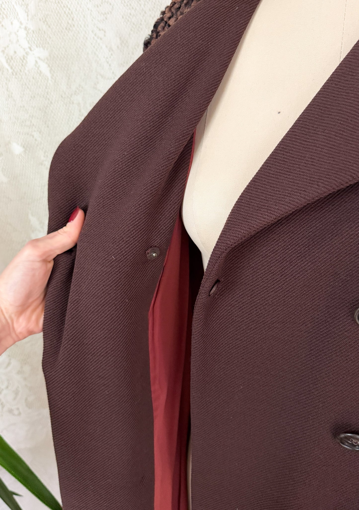 Vintage 1970s Chocolate Brown Double Breasted Coat Persian Curly Lamb Fur Trim