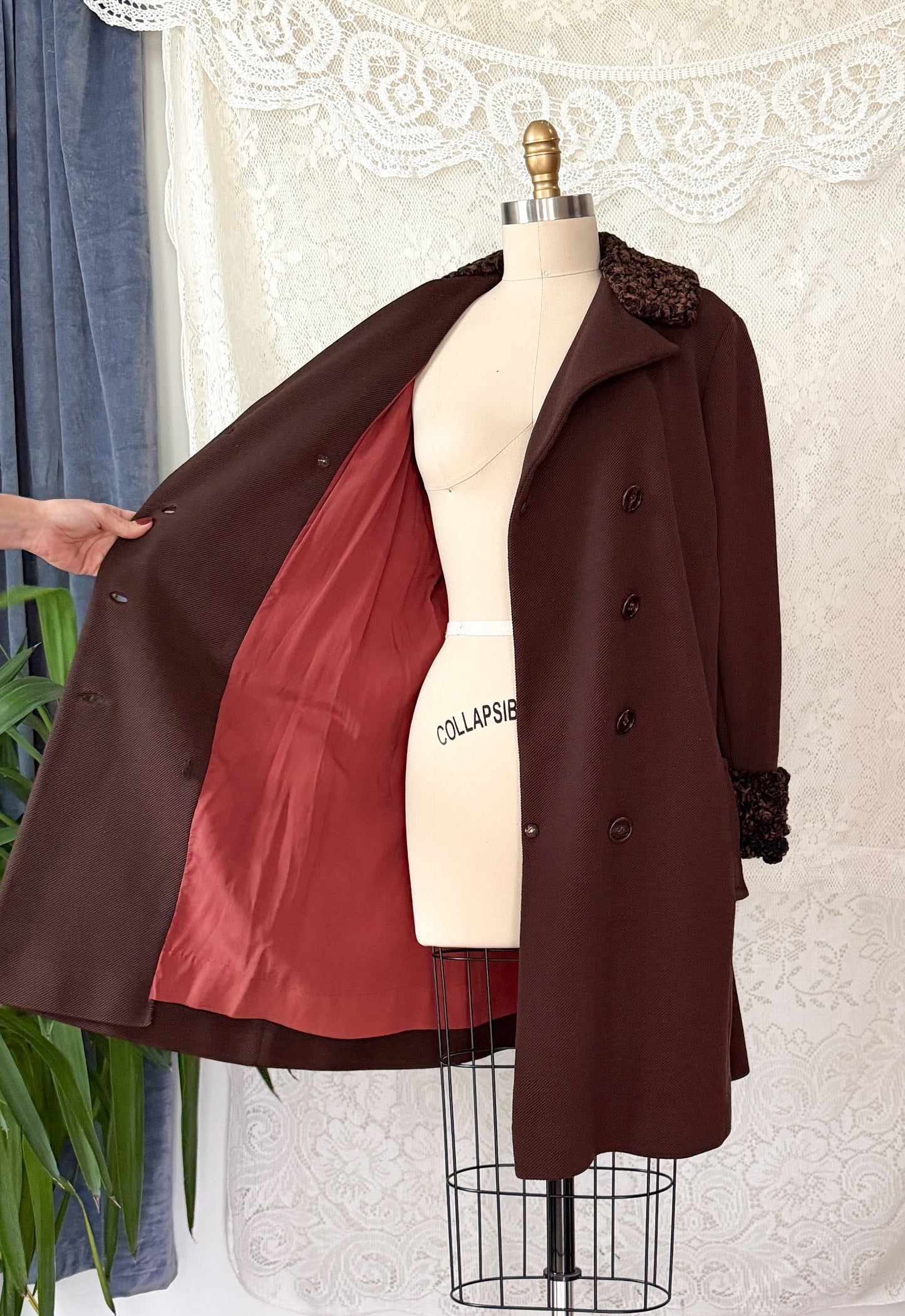 Vintage 1970s Chocolate Brown Double Breasted Coat Persian Curly Lamb Fur Trim