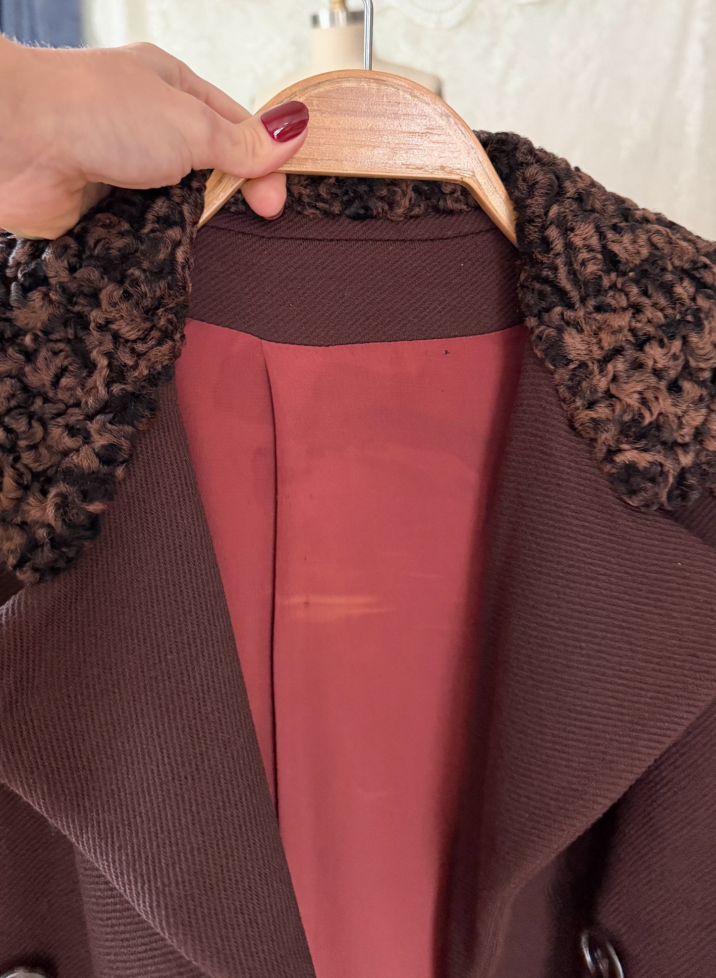 Vintage 1970s Chocolate Brown Double Breasted Coat Persian Curly Lamb Fur Trim