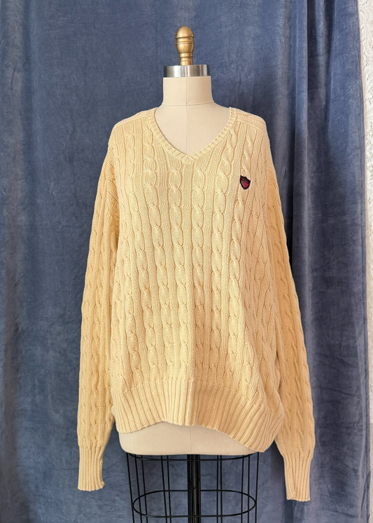 Vintage 90s Polo Ralph Lauren Cream Cable Knit Cotton V-Neck Crest Sweater