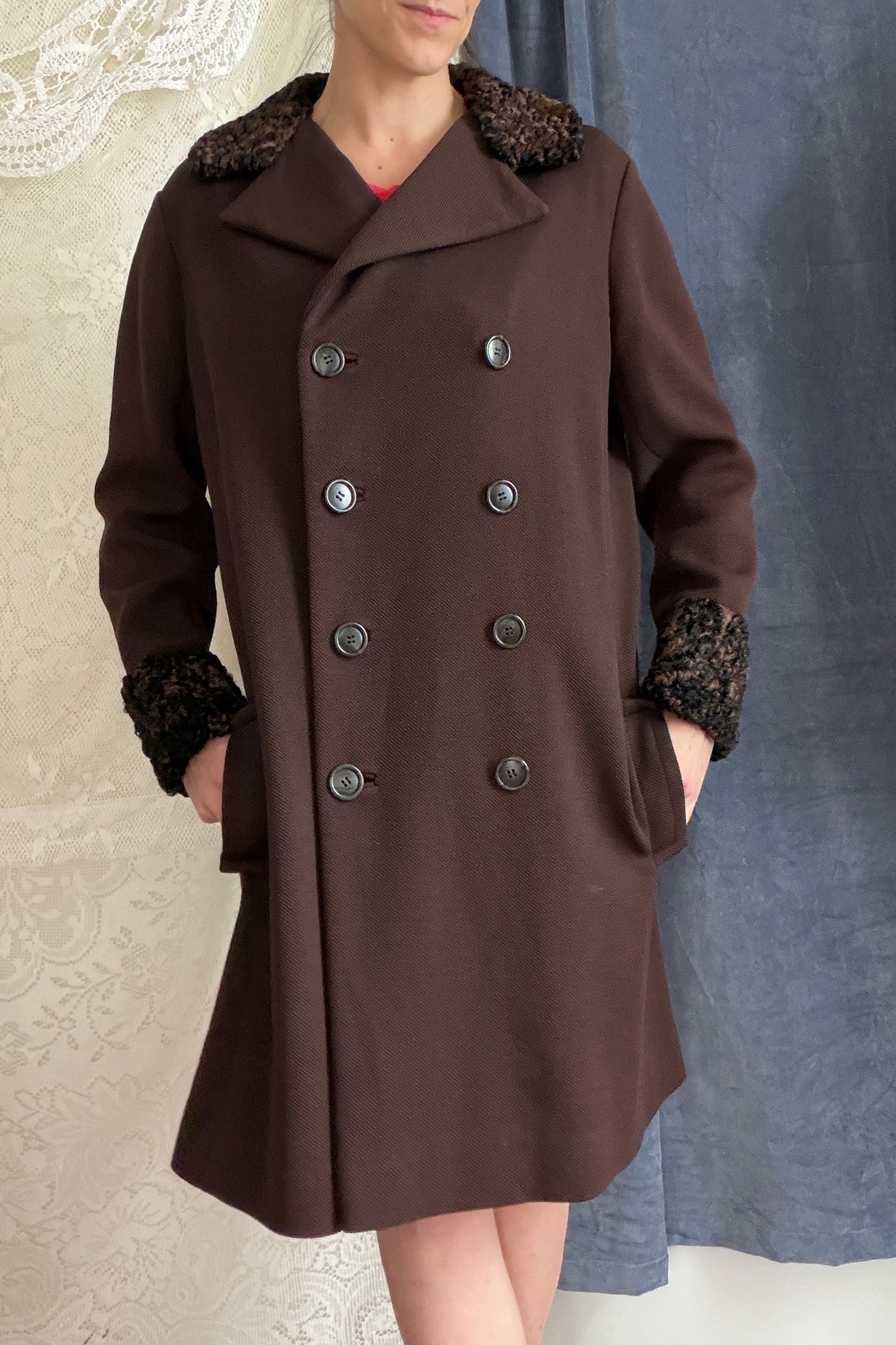 Vintage 1970s Chocolate Brown Double Breasted Coat Persian Curly Lamb Fur Trim